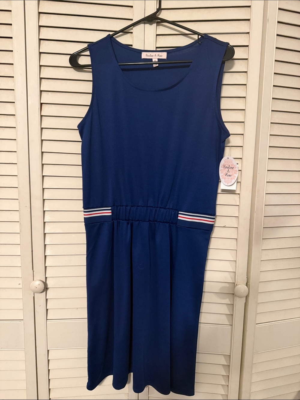 Hudson & Rose Navy Sleeveless Midi Dress with Striped Waist Detail